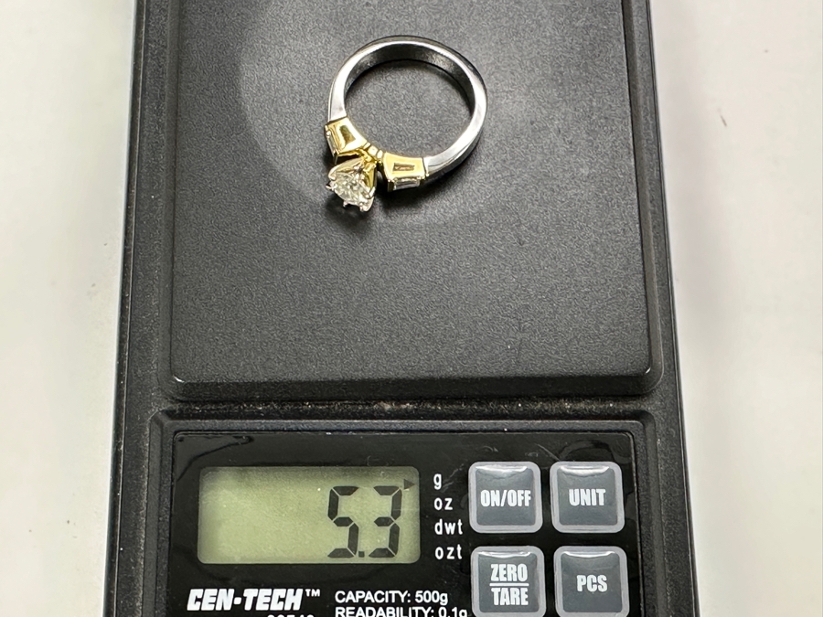 18k Gold Two Tone Ring with 5.6mm Round Brilliant .65ct SI G-H Diamond and 2 Tapered .15cttw Baguette Diamonds 5.3g Size 6.75 Retails $4,400 [Photo 9]