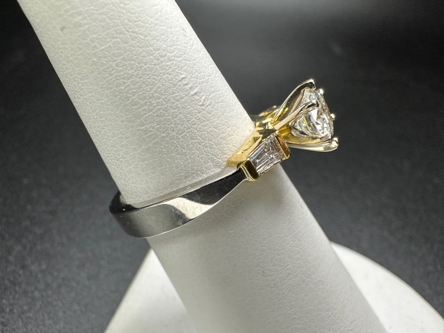 18k Gold Two Tone Ring with 5.6mm Round Brilliant .65ct SI G-H Diamond and 2 Tapered .15cttw Baguette Diamonds 5.3g Size 6.75 Retails $4,400 [Photo 5]