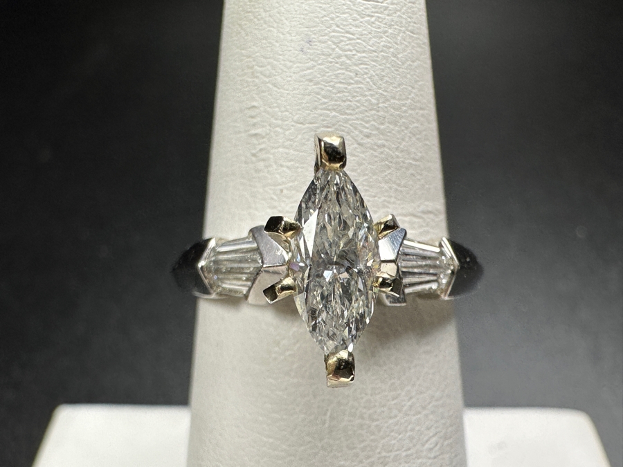 900 Platinum 14k Gold Ring with 8.5 m x 4mm est. .50ct Marquis Diamond S1' G-H and (4) 4x2x1mm est. .20cttw Baguette Diamonds 5.8g Retails $3,400 [Photo 5]