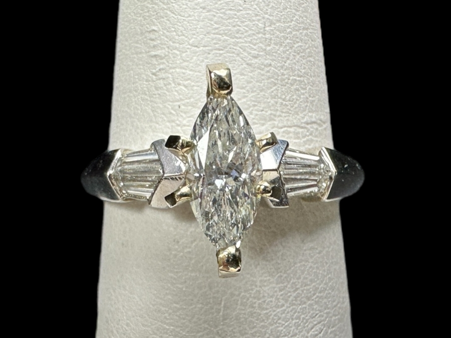 900 Platinum 14k Gold Ring with 8.5 m x 4mm est. .50ct Marquis Diamond S1' G-H and (4) 4x2x1mm est. .20cttw Baguette Diamonds 5.8g Retails $3,400 [Photo 2]