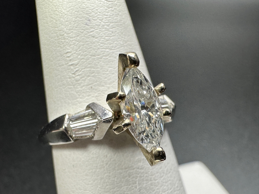 900 Platinum 14k Gold Ring with 8.5 m x 4mm est. .50ct Marquis Diamond S1' G-H and (4) 4x2x1mm est. .20cttw Baguette Diamonds 5.8g Retails $3,400 [Photo 8]