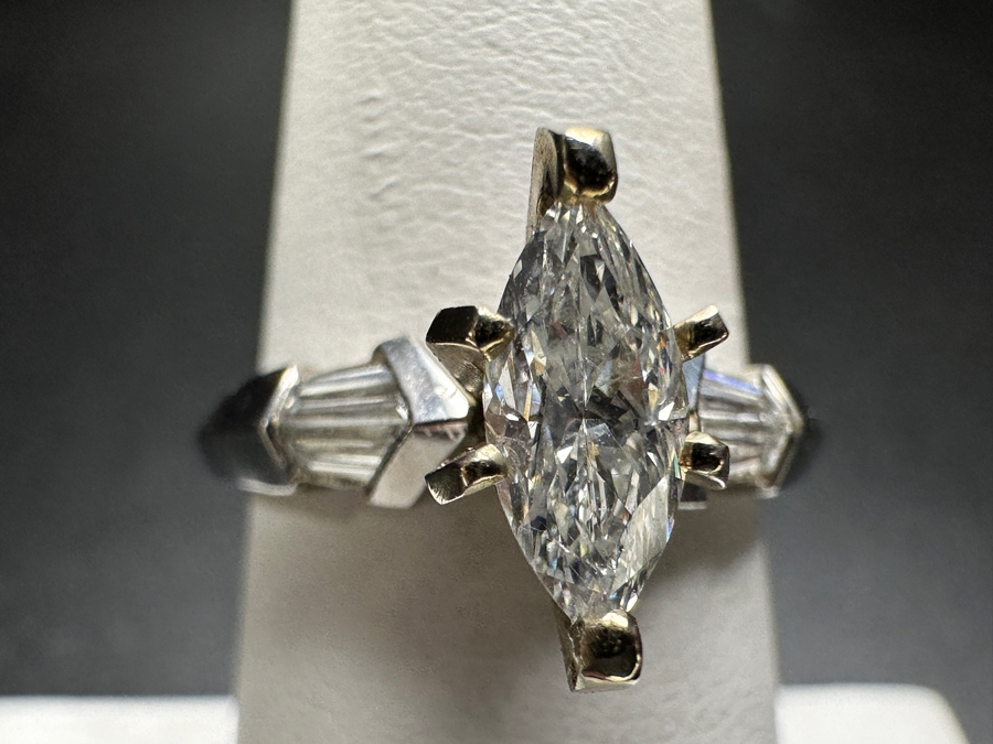 900 Platinum 14k Gold Ring with 8.5 m x 4mm est. .50ct Marquis Diamond S1' G-H and (4) 4x2x1mm est. .20cttw Baguette Diamonds 5.8g Retails $3,400 [Photo 4]