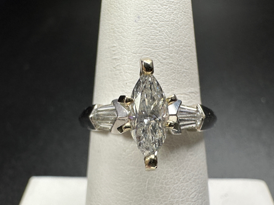 900 Platinum 14k Gold Ring with 8.5 m x 4mm est. .50ct Marquis Diamond S1' G-H and (4) 4x2x1mm est. .20cttw Baguette Diamonds 5.8g Retails $3,400 [Photo 7]