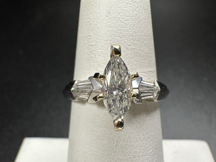 900 Platinum 14k Gold Ring with 8.5 m x 4mm est. .50ct Marquis Diamond S1' G-H and (4) 4x2x1mm est. .20cttw Baguette Diamonds 5.8g Retails $3,400 [Photo 6]