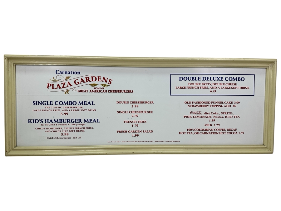 Original Disneyland Restaurant Double-Sided Sign Carnation Plaza Gardens Home Of The Great American Cheeseburgers / The Village Haus In Fantasyland 45 X 16.5 [Photo 1]