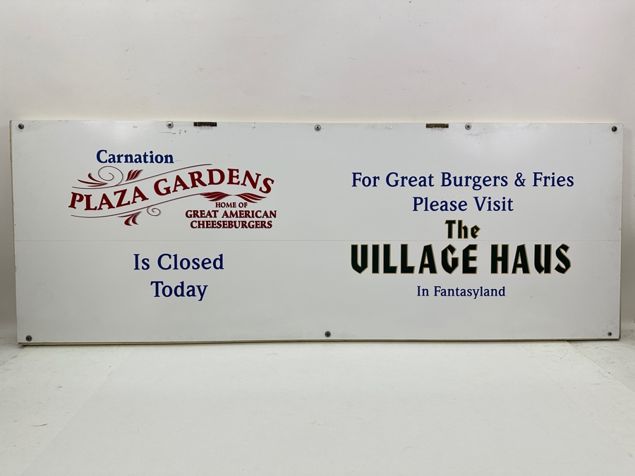 Original Disneyland Restaurant Double-Sided Sign Carnation Plaza Gardens Home Of The Great American Cheeseburgers / The Village Haus In Fantasyland 45 X 16.5 [Photo 7]