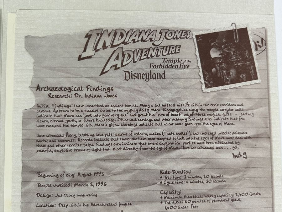 Vintage 1995 Disneyland Cast Member Premiere Packet Of Indiana Jones Adventure Temple Of The Forbidden Eye Attraction Park Ride [Photo 10]