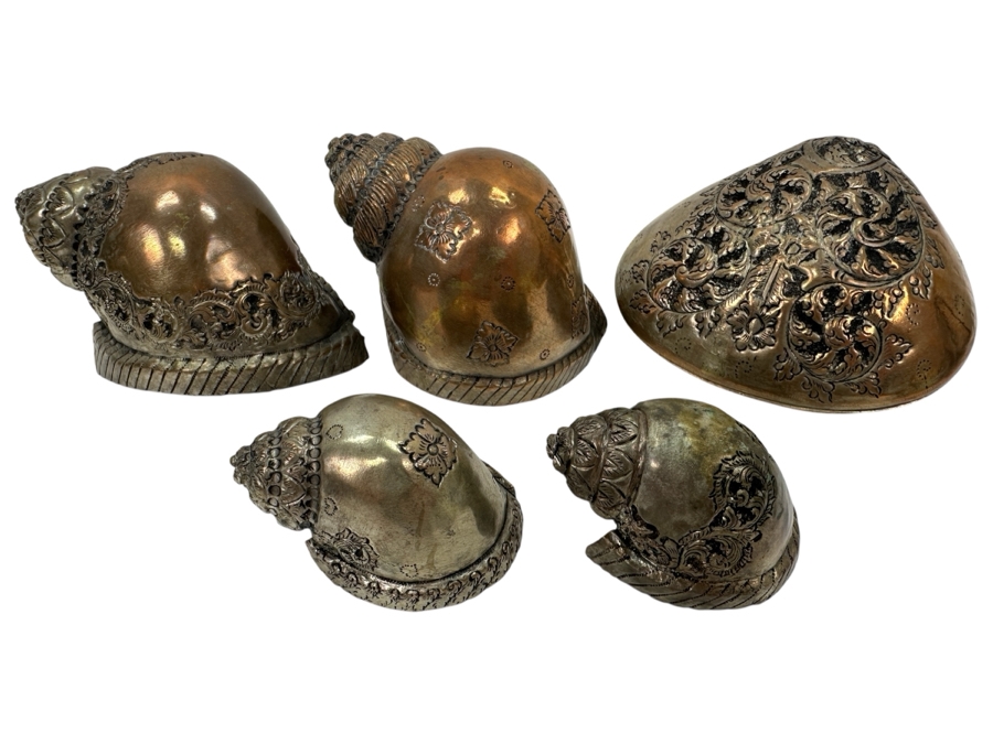 Just Added - Collection Of Vintage Cambodian Silverplate Shells & Clam Box