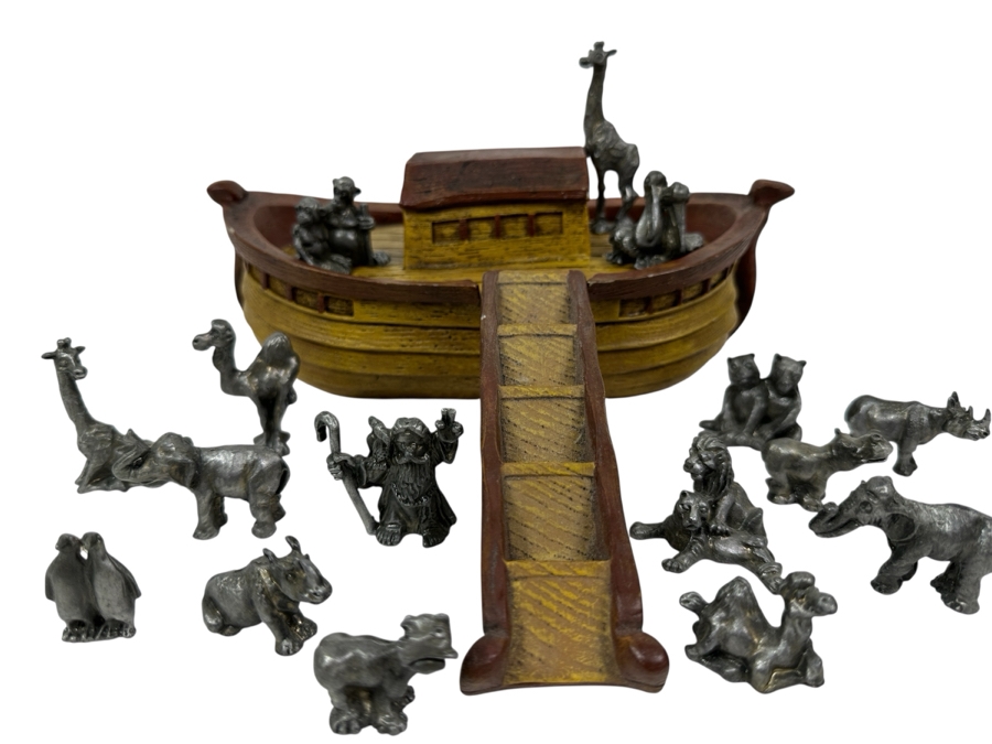 Noah's Ark Pewter Animal & Noah Figurines With Ark