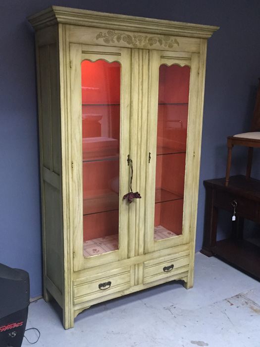 Vintage Painted Lockable Display Cabinet with Glass Shelves and Lighting [Photo 1]