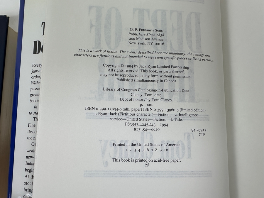 Just Added - (3) First Edition Hardcover Tom Clancy Books: Patriot Games, Executive Orders & Debt Of Honor [Photo 7]
