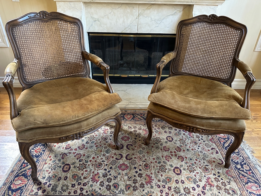 Pair Of Hand Carved Bergere Cane Back Armchairs [Photo 1]