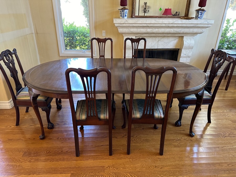 Stunning Formal Walnut Dining Table With 5 Leaves Marked H. P. Co With Six Dining Chairs (2 Are Armchairs) 53W X 94L (With All 5 Leaves) Each Leaf Is 8'W [Photo 3]