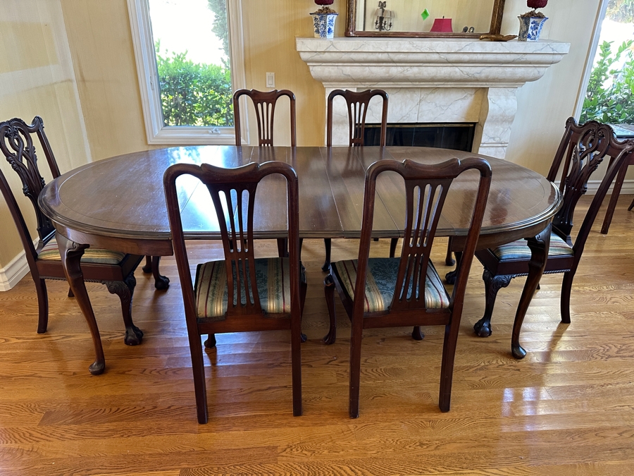 Stunning Formal Walnut Dining Table With 5 Leaves Marked H. P. Co With Six Dining Chairs (2 Are Armchairs) 53W X 94L (With All 5 Leaves) Each Leaf Is 8'W [Photo 2]