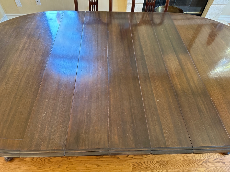 Stunning Formal Walnut Dining Table With 5 Leaves Marked H. P. Co With Six Dining Chairs (2 Are Armchairs) 53W X 94L (With All 5 Leaves) Each Leaf Is 8'W [Photo 16]