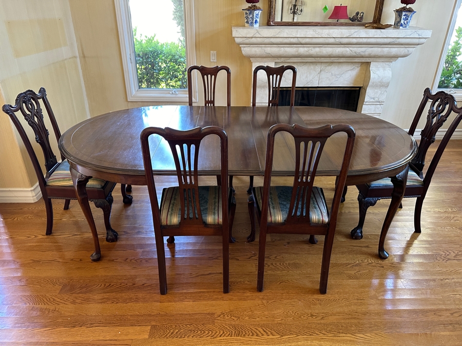 Stunning Formal Walnut Dining Table With 5 Leaves Marked H. P. Co With Six Dining Chairs (2 Are Armchairs) 53W X 94L (With All 5 Leaves) Each Leaf Is 8'W [Photo 4]