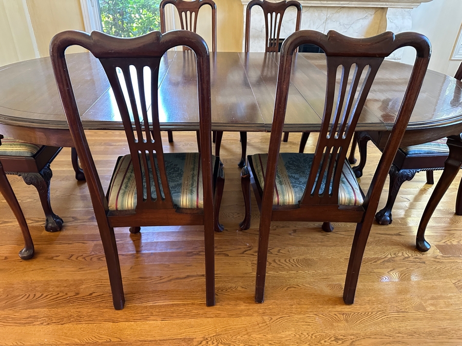 Stunning Formal Walnut Dining Table With 5 Leaves Marked H. P. Co With Six Dining Chairs (2 Are Armchairs) 53W X 94L (With All 5 Leaves) Each Leaf Is 8'W [Photo 5]
