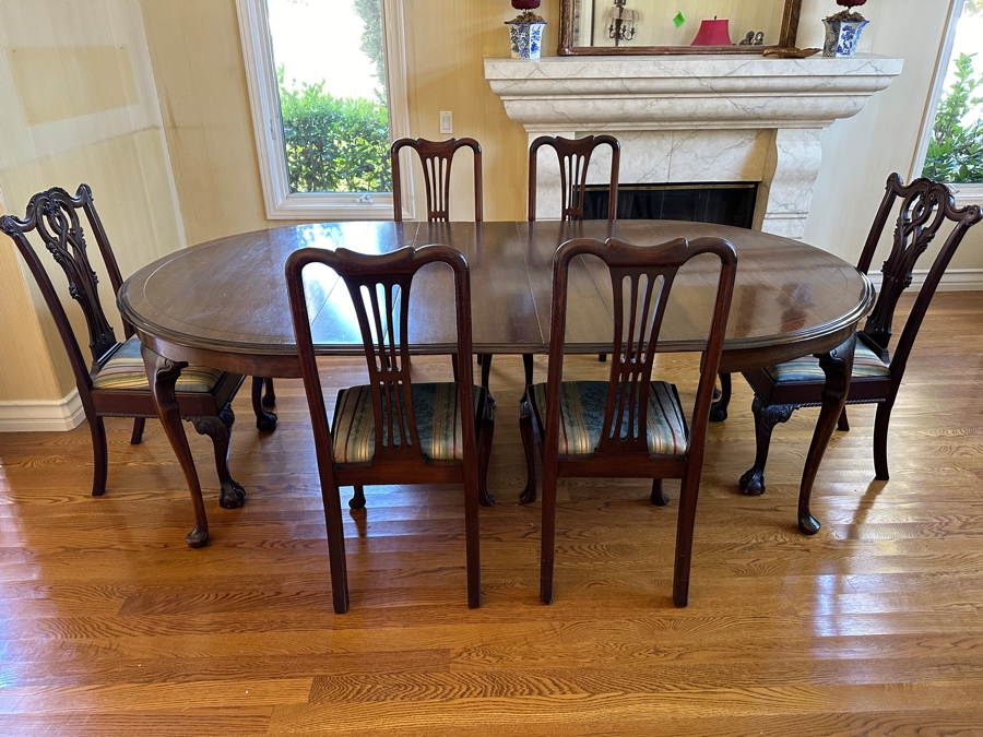 Stunning Formal Walnut Dining Table With 5 Leaves Marked H. P. Co With Six Dining Chairs (2 Are Armchairs) 53W X 94L (With All 5 Leaves) Each Leaf Is 8'W [Photo 1]