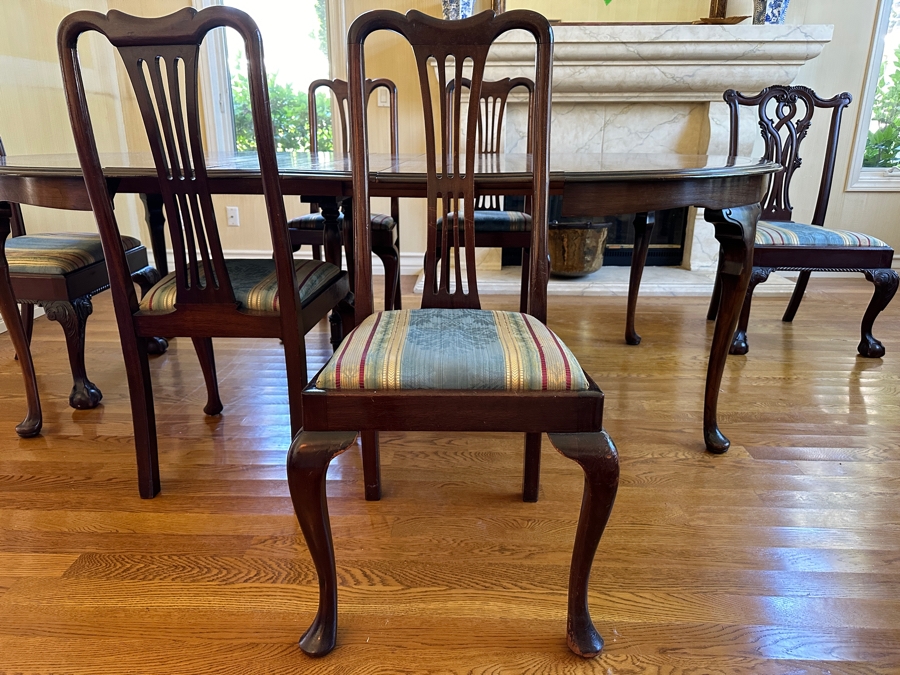 Stunning Formal Walnut Dining Table With 5 Leaves Marked H. P. Co With Six Dining Chairs (2 Are Armchairs) 53W X 94L (With All 5 Leaves) Each Leaf Is 8'W [Photo 10]
