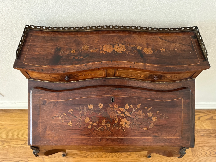 Stunning 19th Century French 1880-1890 Floral Marquetry Tulipwood Inlaid Into A Rosewood Base Secretary Desk 27W X 19D X 39.5H Estimate $1,200 [Photo 6]