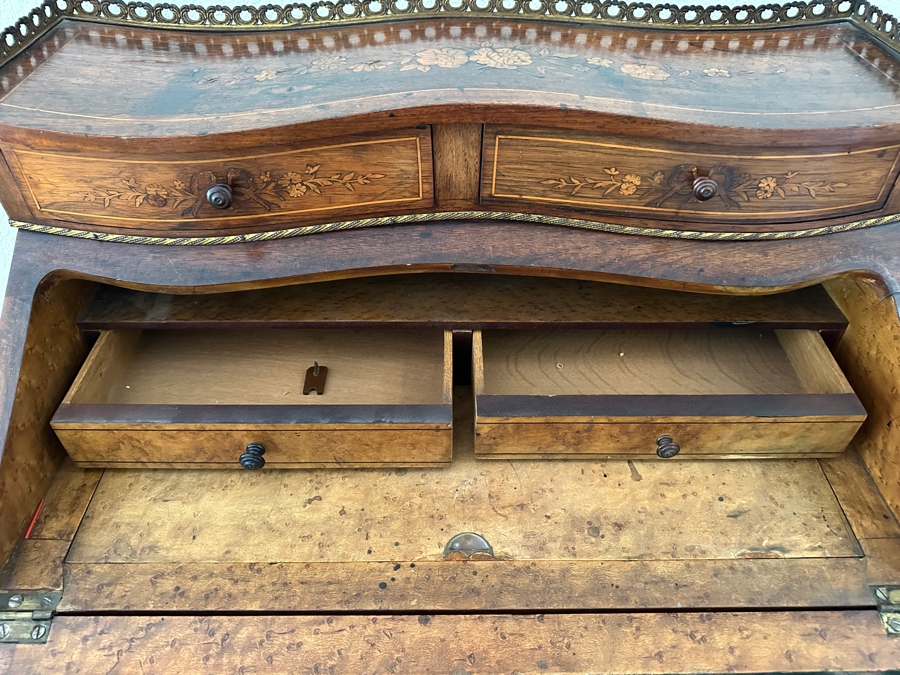 Stunning 19th Century French 1880-1890 Floral Marquetry Tulipwood Inlaid Into A Rosewood Base Secretary Desk 27W X 19D X 39.5H Estimate $1,200 [Photo 12]
