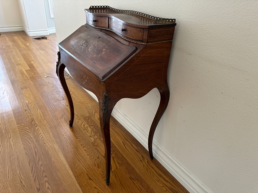 Stunning 19th Century French 1880-1890 Floral Marquetry Tulipwood Inlaid Into A Rosewood Base Secretary Desk 27W X 19D X 39.5H Estimate $1,200 [Photo 13]