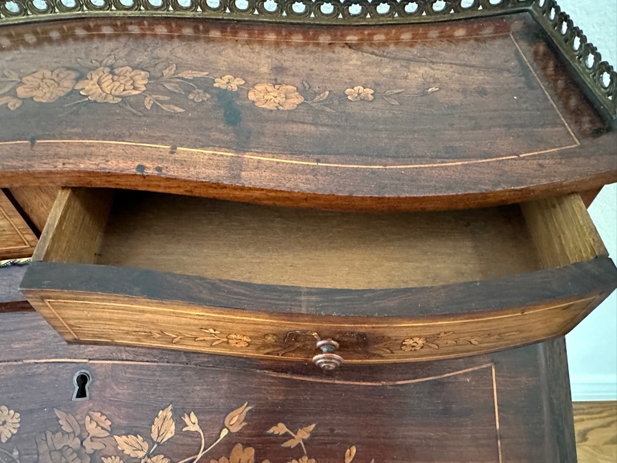 Stunning 19th Century French 1880-1890 Floral Marquetry Tulipwood Inlaid Into A Rosewood Base Secretary Desk 27W X 19D X 39.5H Estimate $1,200 [Photo 8]