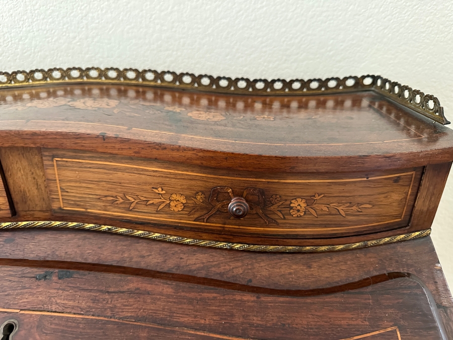 Stunning 19th Century French 1880-1890 Floral Marquetry Tulipwood Inlaid Into A Rosewood Base Secretary Desk 27W X 19D X 39.5H Estimate $1,200 [Photo 7]