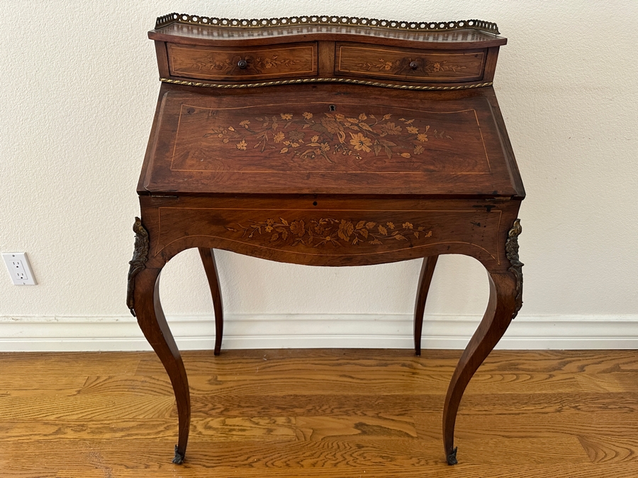 Stunning 19th Century French 1880-1890 Floral Marquetry Tulipwood Inlaid Into A Rosewood Base Secretary Desk 27W X 19D X 39.5H Estimate $1,200 [Photo 3]
