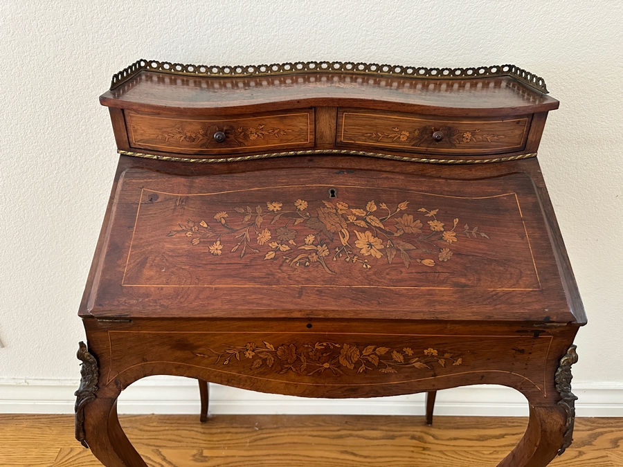 Stunning 19th Century French 1880-1890 Floral Marquetry Tulipwood Inlaid Into A Rosewood Base Secretary Desk 27W X 19D X 39.5H Estimate $1,200 [Photo 4]