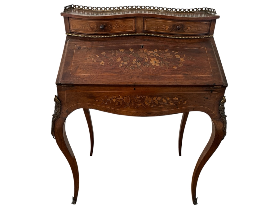 Stunning 19th Century French 1880-1890 Floral Marquetry Tulipwood Inlaid Into A Rosewood Base Secretary Desk 27W X 19D X 39.5H Estimate $1,200