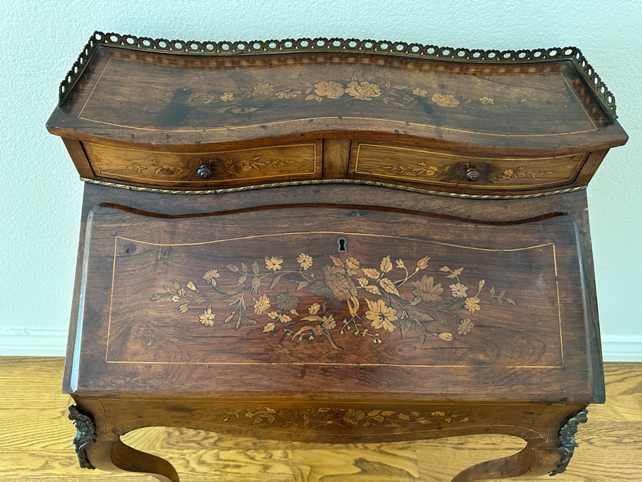Stunning 19th Century French 1880-1890 Floral Marquetry Tulipwood Inlaid Into A Rosewood Base Secretary Desk 27W X 19D X 39.5H Estimate $1,200 [Photo 5]