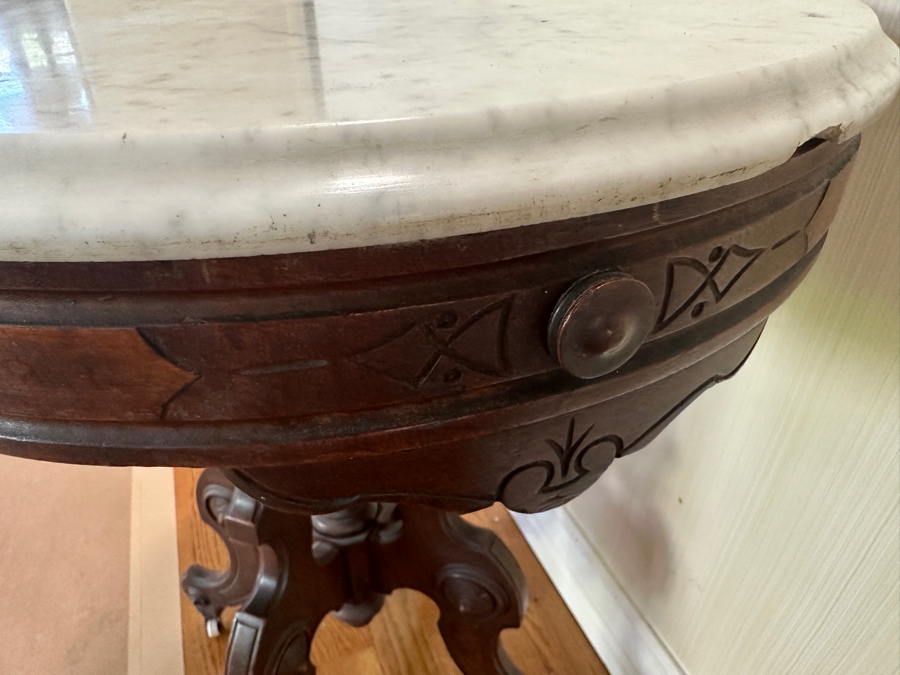 Antique Victorian Marble Top Carved Walnut Oval Parlor Table With Casters 28W X 22D X 31H [Photo 8]