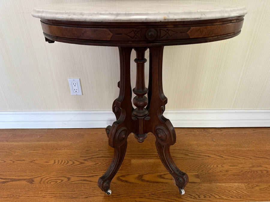Antique Victorian Marble Top Carved Walnut Oval Parlor Table With Casters 28W X 22D X 31H [Photo 5]