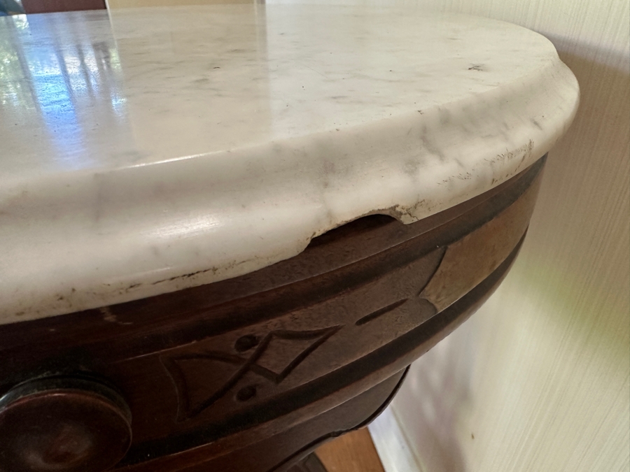 Antique Victorian Marble Top Carved Walnut Oval Parlor Table With Casters 28W X 22D X 31H [Photo 9]