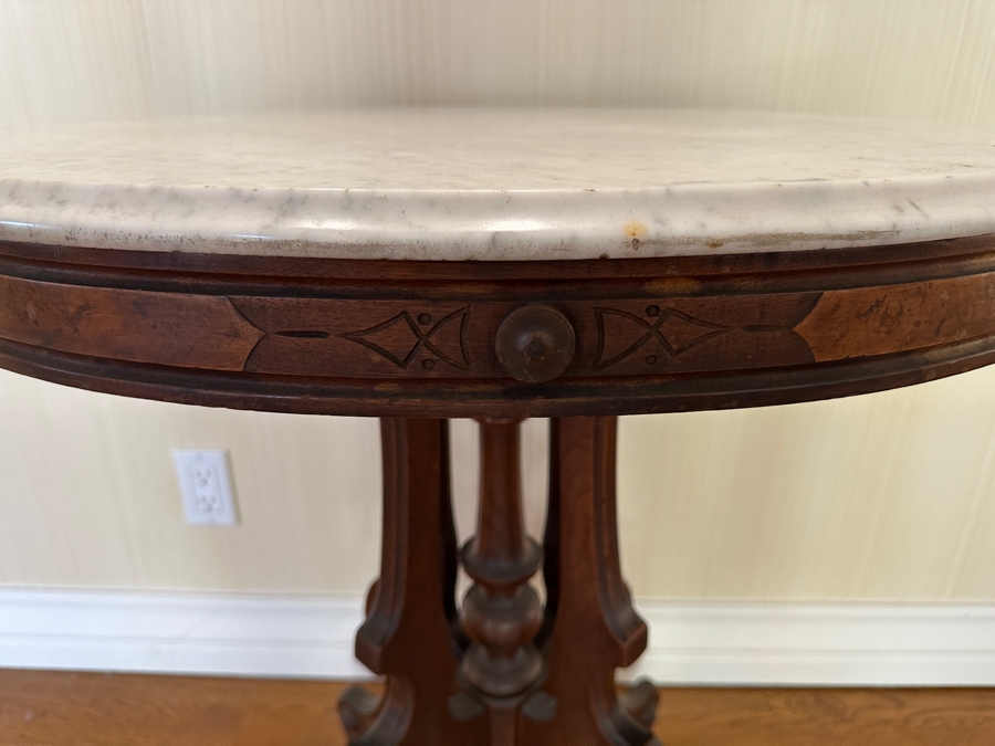Antique Victorian Marble Top Carved Walnut Oval Parlor Table With Casters 28W X 22D X 31H [Photo 6]