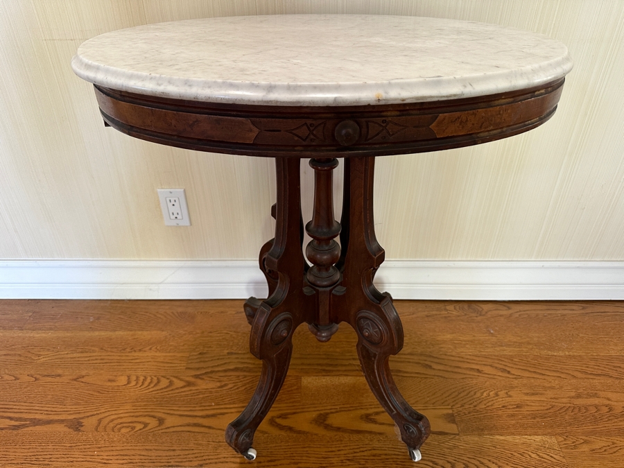 Antique Victorian Marble Top Carved Walnut Oval Parlor Table With Casters 28W X 22D X 31H [Photo 3]
