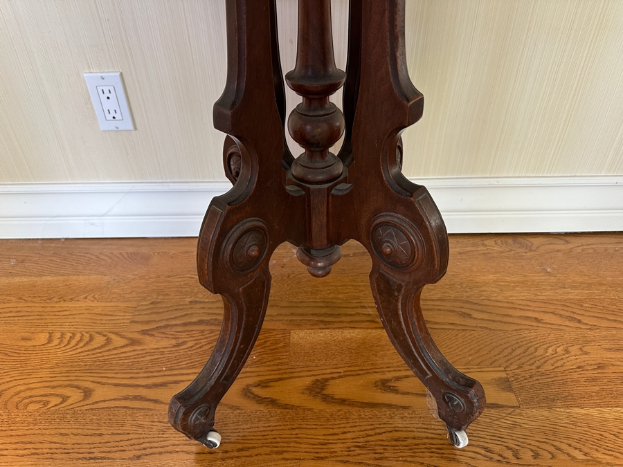 Antique Victorian Marble Top Carved Walnut Oval Parlor Table With Casters 28W X 22D X 31H [Photo 7]