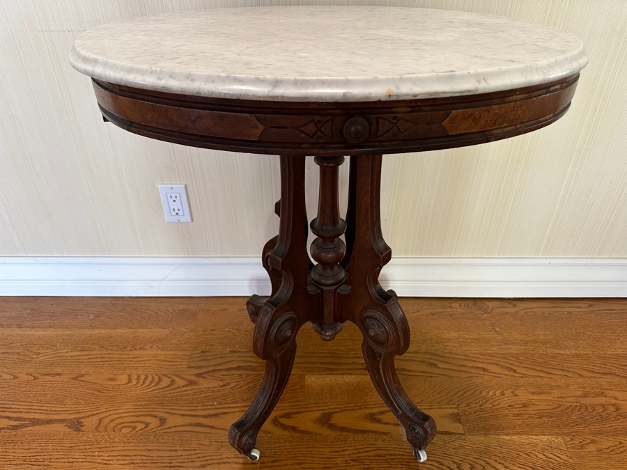 Antique Victorian Marble Top Carved Walnut Oval Parlor Table With Casters 28W X 22D X 31H [Photo 4]