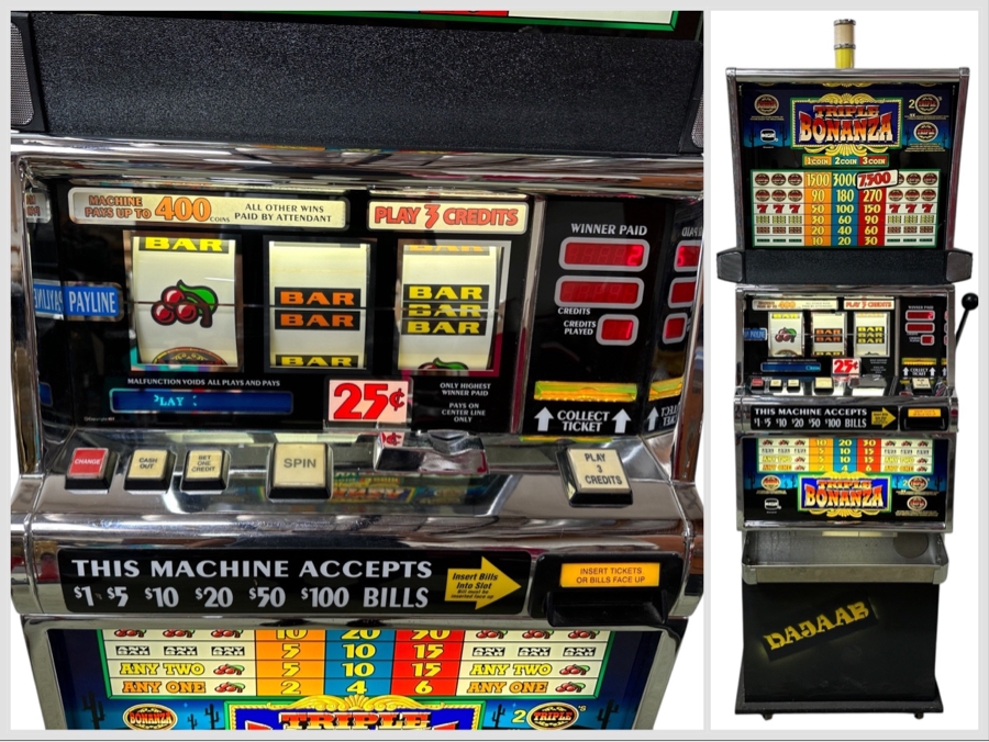 IGT Triple Bonanza Casino Slot Machine Model No 96435000 Manufactured 2/2000 With Stand On Casters 26W X 20D X 75H