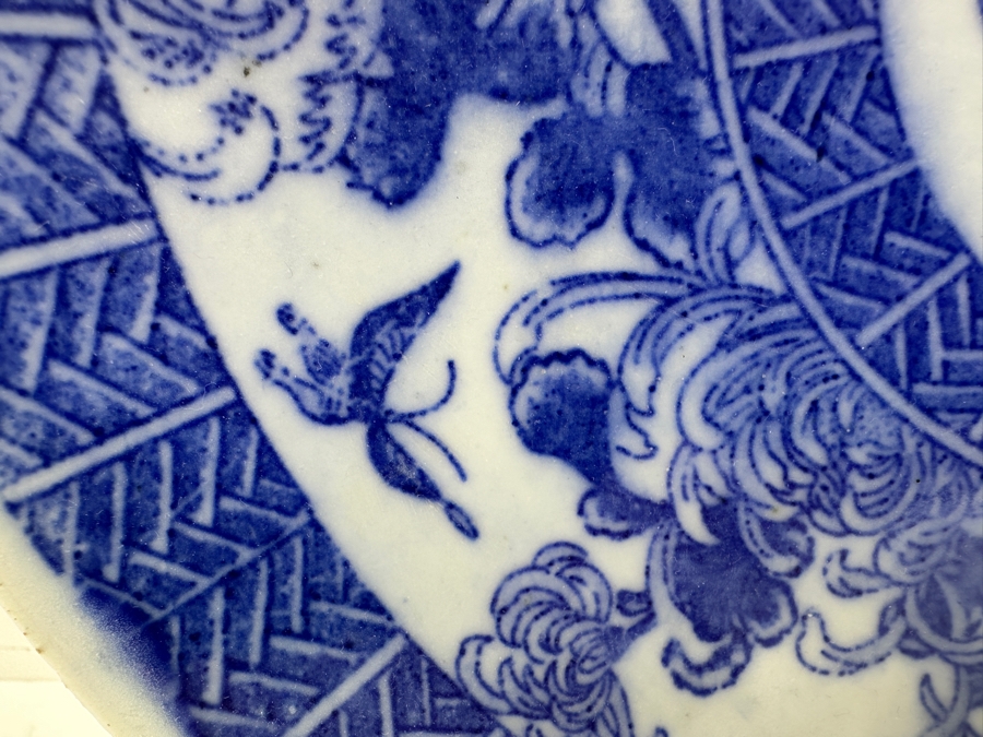 Vintage Japanese Hand Painted Blue & White Porcelain Dish Charger Plate 12.25'W [Photo 5]