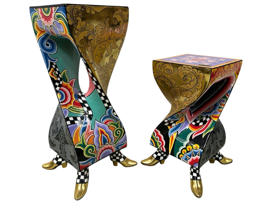 Pair Of Tom's Drag Toms Company Hand Painted Footed Feet Columns Pedestals Large 31'H X 11.5'W & Medium 22.5'H X 11.5'W