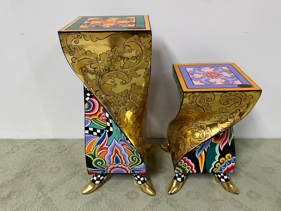 Pair Of Tom's Drag Toms Company Hand Painted Footed Feet Columns Pedestals Large 31'H X 11.5'W & Medium 22.5'H X 11.5'W [Photo 3]