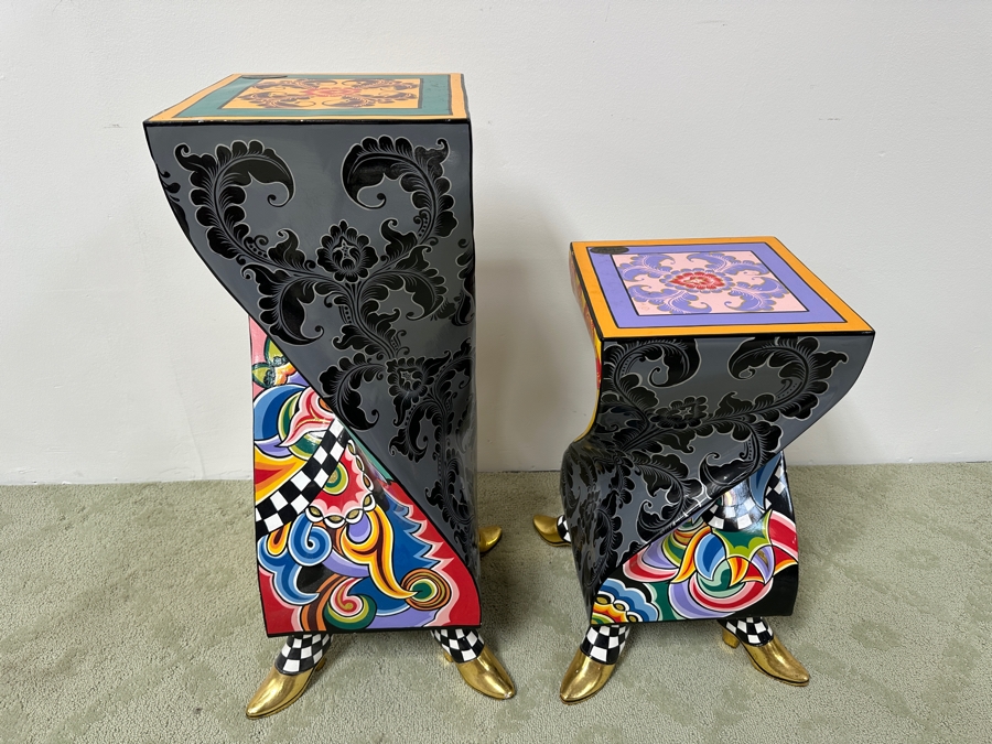 Pair Of Tom's Drag Toms Company Hand Painted Footed Feet Columns Pedestals Large 31'H X 11.5'W & Medium 22.5'H X 11.5'W [Photo 15]