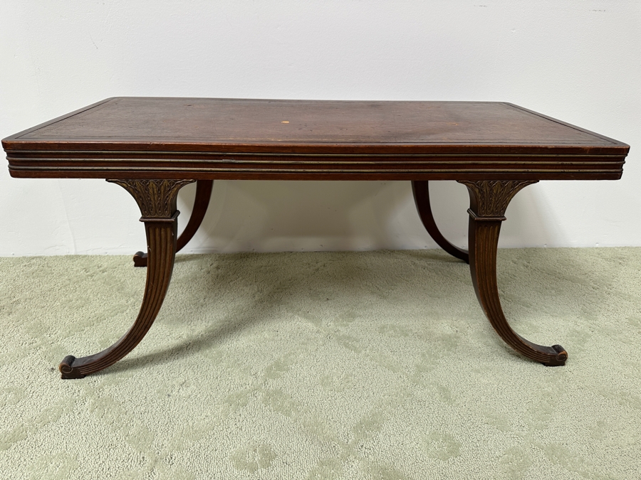 Antique Leather Top Wooden Coffee Table By B. & S. Co. Brown And Simonds Of Boston, Mass. 39.5W X 19.5D X 18H [Photo 3]