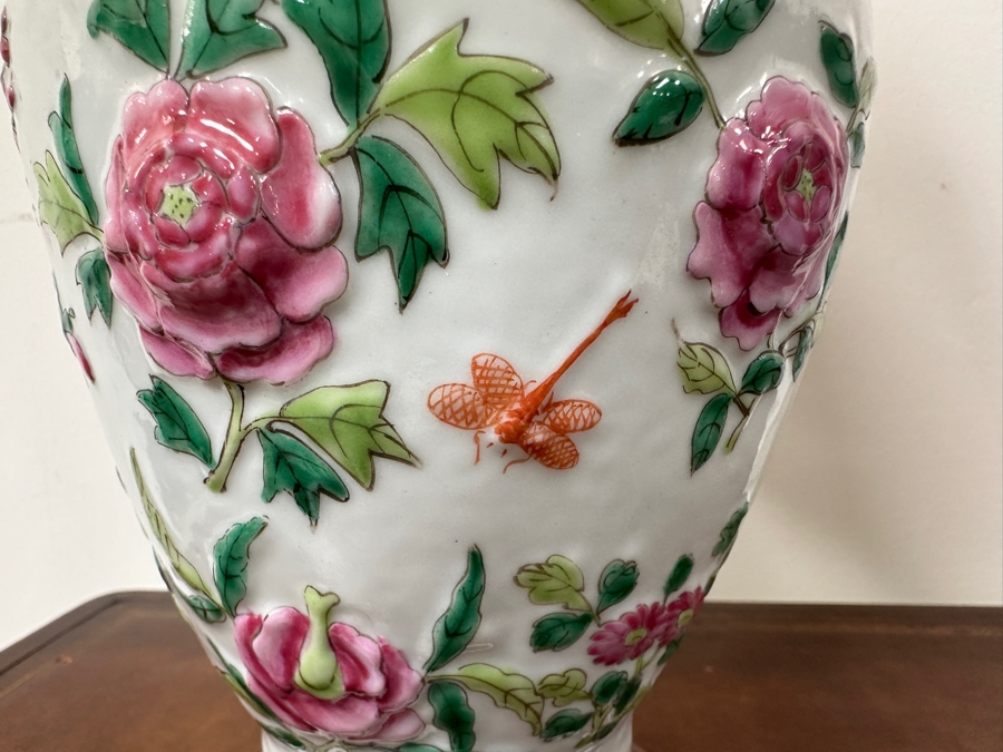 Vintage Chinese Porcelain Vase Table Lamp Featuring Birds, Flowers, Dragonflies & Fruit 24'H [Photo 9]