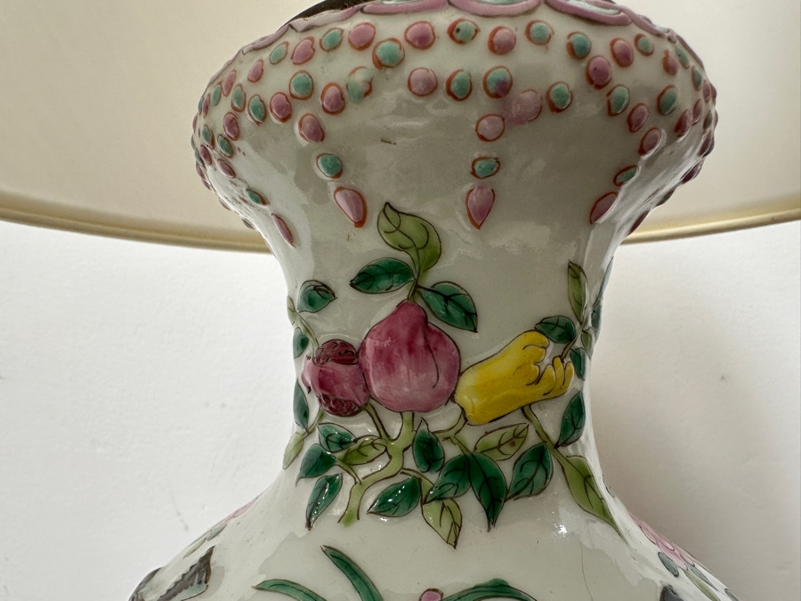 Vintage Chinese Porcelain Vase Table Lamp Featuring Birds, Flowers, Dragonflies & Fruit 24'H [Photo 8]