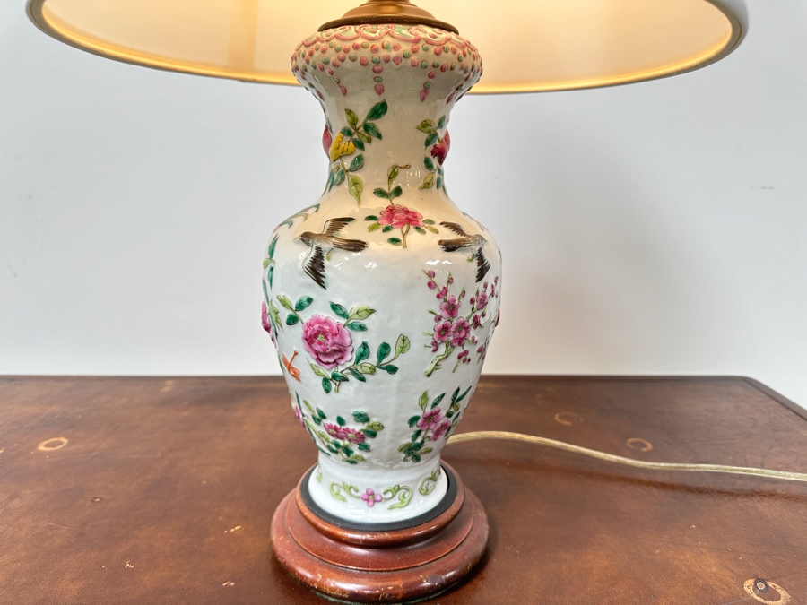 Vintage Chinese Porcelain Vase Table Lamp Featuring Birds, Flowers, Dragonflies & Fruit 24'H [Photo 2]