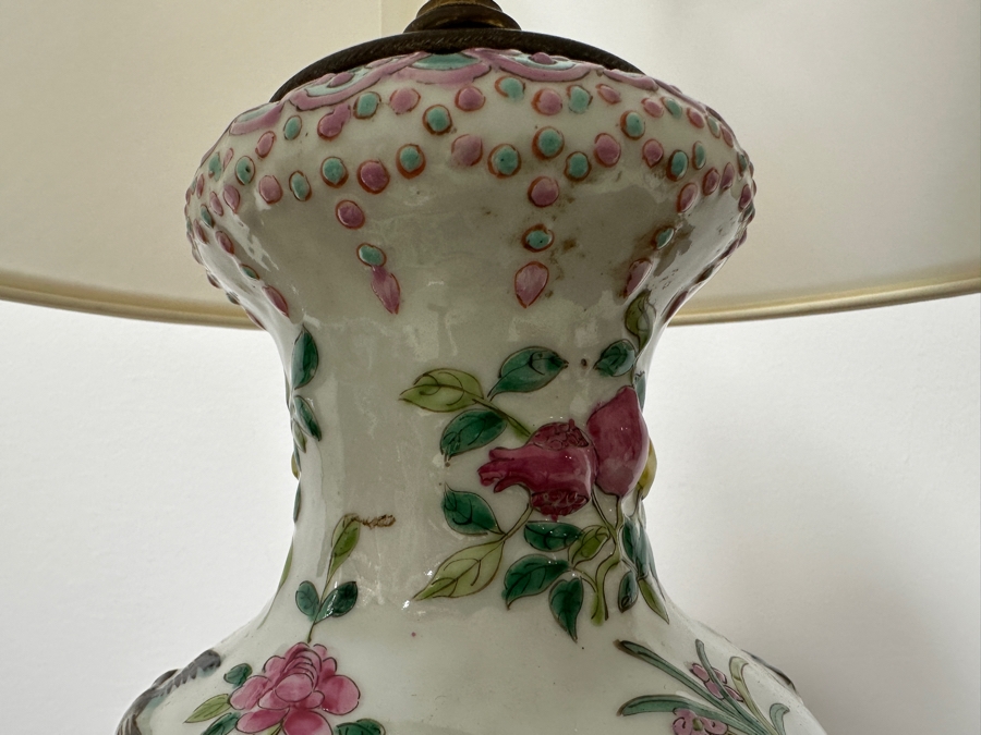 Vintage Chinese Porcelain Vase Table Lamp Featuring Birds, Flowers, Dragonflies & Fruit 24'H [Photo 6]