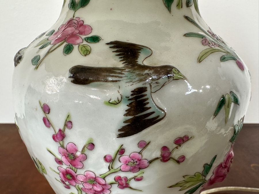 Vintage Chinese Porcelain Vase Table Lamp Featuring Birds, Flowers, Dragonflies & Fruit 24'H [Photo 5]